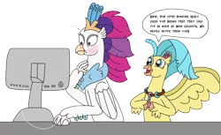 Size: 3264x1994 | Tagged: safe, artist:supahdonarudo, derpibooru import, princess skystar, queen novo, classical hippogriff, hippogriff, my little pony: the movie, blushing, computer, computer mouse, dialogue, duo, duo female, embarrassed, female, flower, happy, high res, image, jewelry, mother and child, mother and daughter, necklace, png, simple background, speech bubble, surprised, text, transparent background