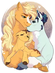 Size: 1670x2200 | Tagged: safe, artist:theartfox2468, derpibooru import, applejack, coloratura, oc, oc:golden russet, earth pony, pony, alternate hairstyle, beard, blushing, chest fluff, colt, ear piercing, earring, eyebrow piercing, facial hair, father and child, father and son, female, freckles, grin, heart, hug, image, jewelry, kissing, leg fluff, lesbian, male, mare, markings, mother and child, mother and son, offspring, parent:applejack, parent:caramel, parents:carajack, piercing, png, rarajack, redesign, shipping, smiling, stallion, straight, trans male, transgender, unshorn fetlocks