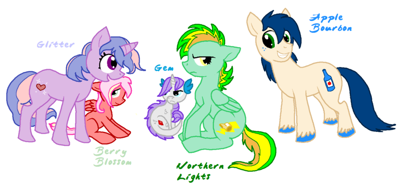 Size: 1528x721 | Tagged: safe, artist:cat4lyst, derpibooru import, oc, oc:apple bourbon, oc:berry blossom, oc:gem, oc:glitter sparkle, oc:northern lights, unofficial characters only, dracony, earth pony, hybrid, pegasus, pony, unicorn, colt, female, filly, image, interspecies offspring, magical lesbian spawn, male, offspring, parent:applejack, parent:big macintosh, parent:fluttershy, parent:pinkie pie, parent:rainbow dash, parent:rarity, parent:soarin', parent:spike, parent:spitfire, parent:twilight sparkle, parents:fluttermac, parents:soarinjack, parents:sparity, parents:spitdash, parents:twinkie, png, simple background, white background