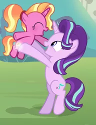 Size: 1280x1670 | Tagged: safe, artist:starshine-sentryyt, derpibooru import, luster dawn, starlight glimmer, pony, unicorn, the last problem, bipedal, cutie mark, duo, duo female, eyes closed, female, filly, filly luster dawn, happy, image, jpeg, mare, open mouth