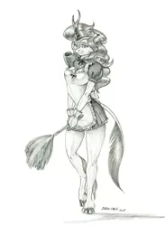 Size: 1000x1366 | Tagged: safe, artist:baron engel, derpibooru import, autumn blaze, anthro, kirin, unguligrade anthro, clothes, duster, female, grayscale, image, jpeg, maid, monochrome, outfit, pencil drawing, smiling, solo, traditional art