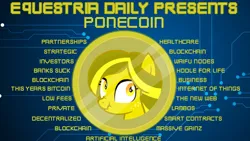 Size: 1280x720 | Tagged: safe, derpibooru import, oc, unofficial characters only, equestria daily, april fools, april fools 2018, bitcoin, blue background, cryptocurrency, image, jpeg, liar face, simple background, technology, text