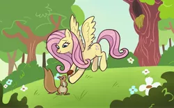 Size: 4096x2560 | Tagged: safe, artist:dipsy_ch, derpibooru import, fluttershy, pegasus, pony, squirrel, acorn, flying, image, jpeg, smiling, spread wings, wings