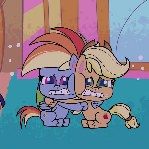 Size: 1080x1080 | Tagged: safe, derpibooru import, screencap, applejack, rainbow dash, earth pony, pegasus, pony, my little pony: pony life, spoiler:pony life s02e05, cheek squish, close encounters of the balloon kind, cropped, female, image, mare, png, scared, squishy cheeks