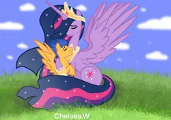 Size: 2048x1431 | Tagged: safe, artist:chelseawest, derpibooru import, flash sentry, princess twilight 2.0, twilight sparkle, twilight sparkle (alicorn), alicorn, pegasus, pony, the last problem, couple, crown, cuddling, cutie mark, ethereal mane, ethereal tail, eyes closed, female, flashlight, height difference, hoof shoes, horn, horns, husband, husband and wife, image, jewelry, jpeg, male, mare, married couple, married life, meta, older, older flash sentry, older twilight, older twilight sparkle (alicorn), peytral, photo, princess of friendship, regalia, shipping, size difference, spread wings, stallion, starry mane, starry tail, straight, twitter, wife, wife and husband, wings
