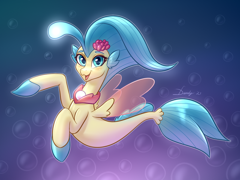 Size: 1890x1417 | Tagged: safe, artist:dandy, derpibooru import, princess skystar, seapony (g4), my little pony: the movie, bioluminescent, blue mane, blushing, bubble, clothes, dorsal fin, eyelashes, female, fins, fin wings, fish tail, flower, flower in hair, flowing mane, flowing tail, glow, happy, image, jewelry, looking at you, necklace, newbie artist training grounds, ocean, open mouth, pearl necklace, png, see-through, signature, simple background, smiling, solo, tail, underwater, water, wings