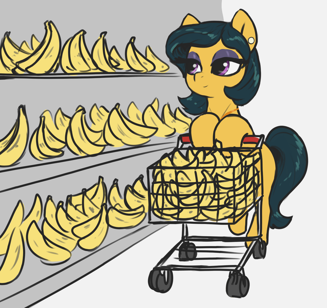 Size: 1260x1188 | Tagged: safe, artist:t72b, derpibooru import, cleopatra jazz, earth pony, pony, alternate hairstyle, banana, female, food, image, mare, png, shitposting, shopping cart, solo