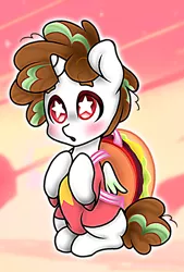 Size: 1080x1596 | Tagged: safe, artist:jvartes6112, derpibooru import, oc, oc:jv6112, unofficial characters only, alicorn, pony, unicorn, abstract background, alicorn oc, backpack, blushing, burger, clothes, food, horn, image, looking up, male, png, solo, stallion, starry eyes, wingding eyes, wings