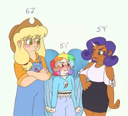 Size: 990x900 | Tagged: safe, artist:karmastarva, derpibooru import, applejack, rainbow dash, rarity, human, blackwashing, blushing, clothes, cutie mark, cutie mark on clothes, dark skin, embarrassed, hand on hip, hat, height difference, horn, horned humanization, humanized, image, jpeg, one eye closed, overalls, simple background, skirt, tumblr nose, winged humanization, wings, wink
