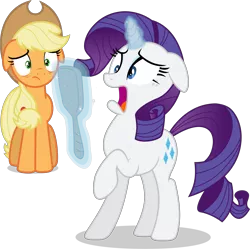 Size: 4344x4330 | Tagged: safe, artist:estories, artist:frownfactory, artist:tomfraggle, derpibooru import, edit, editor:slayerbvc, vector edit, applejack, rarity, earth pony, pony, unicorn, absurd resolution, applejack's hat, cowboy hat, duo, duo female, female, floppy ears, freckles, gasp, glowing horn, hand mirror, hat, horn, horrified, image, magic, magic aura, mare, marshmelodrama, open mouth, png, raised hoof, rarity being rarity, shocked, simple background, stetson, telekinesis, the worst possible thing, transparent background, vector
