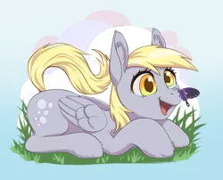 Size: 3005x2426 | Tagged: safe, artist:taytinabelle, derpibooru import, derpy hooves, butterfly, insect, pegasus, pony, butterfly on nose, cute, dock, ear fluff, female, grass, happy, image, insect on nose, lying down, mare, open mouth, png, simple background, smiling, solo, unshorn fetlocks