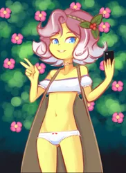 Size: 1152x1584 | Tagged: suggestive, artist:drantyno, banned from derpibooru, derpibooru import, vignette valencia, equestria girls, equestria girls series, belly button, breasts, child, clothes, delicious flat chest, female, flower, image, lolicon, mobile phone, panties, peace sign, phone, png, solo, solo female, underage, underwear, young, younger