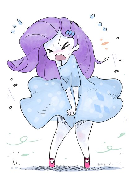 Size: 2480x3508 | Tagged: safe, artist:nendo, derpibooru import, rarity, equestria girls, ><, blushing, clothes, cute, dress, eyes closed, female, high res, image, jpeg, marilyn monroe, open mouth, raribetes, solo
