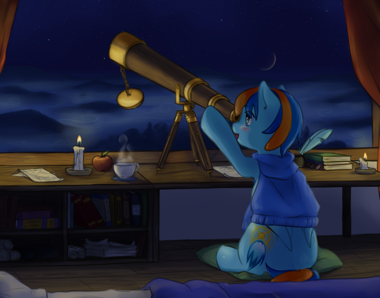 Size: 3895x3054 | Tagged: safe, artist:aquoquoo, derpibooru import, oc, oc:stardust, unofficial characters only, pegasus, pony, clothes, high res, image, male, moon, night, pegasus oc, png, sitting, sky, solo, stallion, stars, sweater, telescope, wings