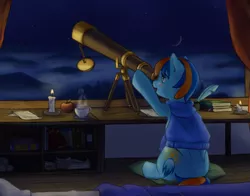 Size: 3895x3054 | Tagged: safe, artist:aquoquoo, derpibooru import, oc, oc:stardust, unofficial characters only, pegasus, pony, clothes, high res, image, male, moon, night, pegasus oc, png, sitting, sky, solo, stallion, stars, sweater, telescope, wings