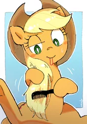 Size: 896x1270 | Tagged: safe, artist:nendo, derpibooru import, applejack, earth pony, pony, applejack's hat, blush sticker, blushing, brushing, comb, cowboy hat, cute, female, hairband, hat, hoof hold, image, jackabetes, loose hair, mouth hold, png, silly, silly pony, solo, sweat, sweatdrop, who's a silly pony