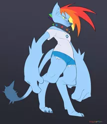 Size: 937x1091 | Tagged: safe, artist:stealthnacho, derpibooru import, rainbow dash, diamond dog, clothes, collar, diamond dogified, exposed shoulders, female, female diamond dog, image, jewelry, jpeg, multicolored hair, necklace, shirt, shorts, solo, species swap, spiked tail, standing