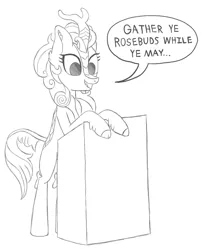 Size: 1600x1977 | Tagged: safe, artist:pegapone, derpibooru import, autumn blaze, kirin, atg 2021, bipedal, cloven hooves, dead poets society, dialogue, ear fluff, image, jpeg, monochrome, newbie artist training grounds, podium, poetry, scales, simple background, solo, standing, tail, talking, text, white background