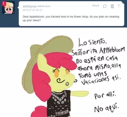 Size: 650x600 | Tagged: safe, artist:letterstoapplebloom-blog-blog, derpibooru import, apple bloom, pony, clothes, facial hair, female, filly, image, mexican, moustache, png, poncho, solo, sombrero, spanish, tumblr