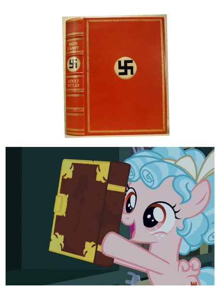 Size: 3106x4096 | Tagged: safe, banned from derpibooru, deleted from derpibooru, screencap, cozy glow, pegasus, pony, the summer sun setback, book, cozybetes, cute, image, jpeg, mein kampf, nazi, solo, this will not end well, we are going to hell