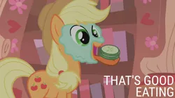 Size: 1280x720 | Tagged: safe, derpibooru import, edit, edited screencap, editor:quoterific, screencap, applejack, earth pony, pony, look before you sleep, season 1, applejack's hat, cowboy hat, cute, female, food, golden oaks library, hat, image, jackabetes, jpeg, library, mare, open mouth, pickle, solo, tongue out