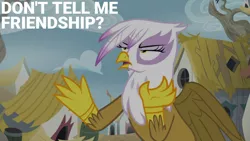 Size: 1280x720 | Tagged: safe, derpibooru import, edit, edited screencap, editor:quoterific, screencap, gilda, gryphon, season 5, the lost treasure of griffonstone, female, image, jpeg, open mouth, solo