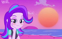 Size: 2386x1523 | Tagged: safe, artist:kingdark0001, derpibooru import, starlight glimmer, equestria girls, 80s, beach, beanie, blushing, clothes, female, hat, image, looking at you, ocean, png, sand, smiling, smiling at you, solo, sun, vaporwave, vest, wallpaper