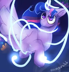 Size: 1280x1334 | Tagged: safe, artist:huskylovemlp, derpibooru import, twilight sparkle, twilight sparkle (alicorn), alicorn, pony, seapony (g4), my little pony: the movie, coral, female, fin wings, flowing mane, glow, horn, image, jpeg, ocean, purple eyes, redraw, seaponified, seapony twilight, seaquestria, signature, solo, species swap, trapped, underwater, water, wings
