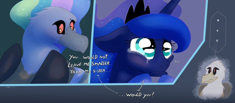 Size: 2160x948 | Tagged: artist needed, questionable, derpibooru import, princess celestia, princess luna, oc, alicorn, gryphon, pony, ..., canon x oc, comic, crying, image, interspecies, looking back, png, preglestia, pregluna, pregnant, pregnant sex, puppy dog eyes, sweat, sweatdrop, teary eyes, wavy mouth