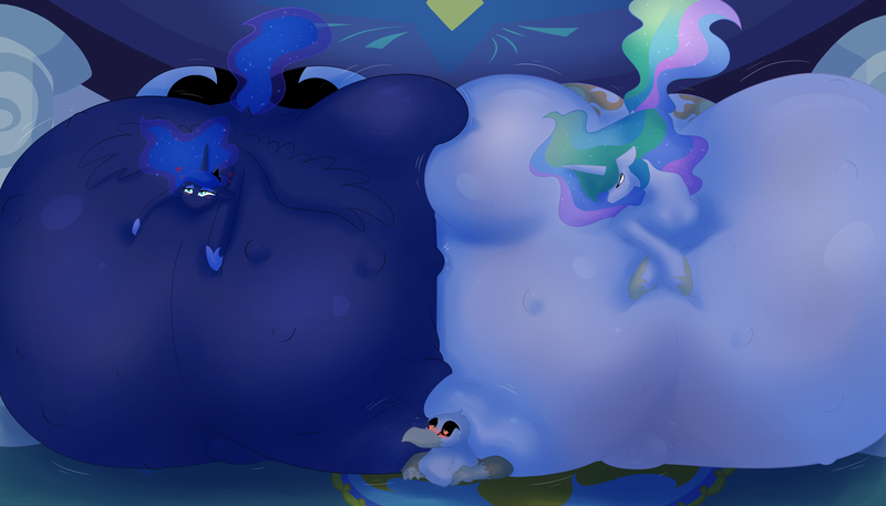 Size: 3360x1920 | Tagged: questionable, artist:necrofeline, derpibooru import, princess celestia, princess luna, oc, alicorn, gryphon, pony, belly, belly bed, belly button, big belly, blushing, both cutie marks, butt, canon x oc, floating heart, heart, huge belly, huge butt, hyper, hyper belly, hyper pregnancy, image, impossibly large belly, interspecies, kicking, large butt, moonbutt, outie belly button, png, preglestia, pregluna, pregnant, sunbutt, sweat, sweatdrops