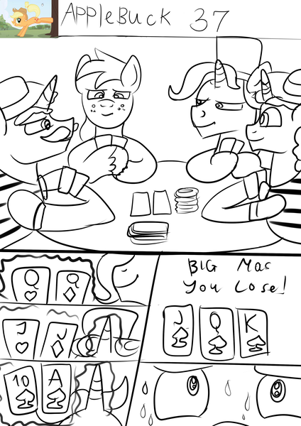 Size: 2480x3508 | Tagged: safe, artist:jbond, derpibooru import, part of a set, big macintosh, flam, flim, jack pot, earth pony, pony, unicorn, comic:applebuck, casino, comic, dialogue, image, magic, magic aura, male, monochrome, playing card, png, poker, poker chips, stallion, sweat, table, text