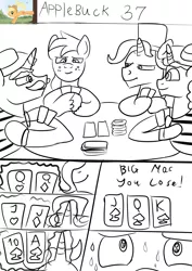 Size: 2480x3508 | Tagged: safe, artist:jbond, derpibooru import, part of a set, big macintosh, flam, flim, jack pot, earth pony, pony, unicorn, comic:applebuck, casino, comic, dialogue, image, magic, magic aura, male, monochrome, playing card, png, poker, poker chips, stallion, sweat, table, text