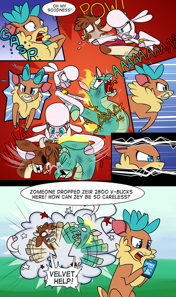 Size: 1672x2815 | Tagged: safe, artist:redahfuhrerking, derpibooru import, arizona cow, pom lamb, tianhuo, velvet reindeer, them's fightin' herds, ball of violence, black eye, comic, community related, fight, image, png