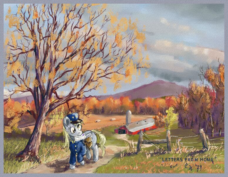 Size: 3300x2550 | Tagged: safe, artist:clarkeotterton, derpibooru import, derpy hooves, pegasus, pony, bag, image, jpeg, letter, mailbag, mailmare, mouth hold, road, saddle bag, scenery, solo, tree