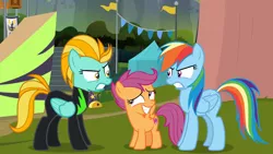 Size: 1366x768 | Tagged: safe, derpibooru import, screencap, lightning dust, rainbow dash, scootaloo, pony, the washouts (episode), angry, awkward smile, female, filly, glare, grin, image, mare, nervous, nervous grin, png, rivalry, smiling, the washouts, trio
