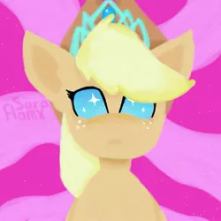 Size: 1773x1773 | Tagged: safe, artist:saraflamx, derpibooru import, applejack, earth pony, pony, my little pony: pony life, spoiler:pony life s02e06, blonde mane, blue eyes, closed mouth, drawing, hat, image, jewelry, jpeg, magic, pink background, simple background, the tiara of truth, tiara