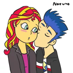 Size: 1024x1024 | Tagged: safe, artist:wrath-marionphauna, derpibooru import, flash sentry, sunset shimmer, blushing, couple, female, flashimmer, image, jpeg, kiss on the cheek, kissing, male, shipping, straight