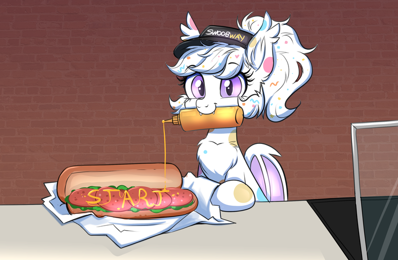Size: 2888x1883 | Tagged: safe, artist:confetticakez, derpibooru import, oc, oc:confetti cupcake, unofficial characters only, bat pony, pony, fangs, female, food, hat, image, mouth hold, mustard, png, restaurant, sandwich, sauce, subway