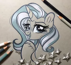 Size: 2819x2598 | Tagged: safe, artist:emberslament, derpibooru import, trixie, pony, unicorn, blushing, bust, colored pencil drawing, colored pencils, female, heart eyes, image, looking at you, monochrome, open mouth, photo, png, portrait, raised eyebrow, smug, solo, traditional art, wingding eyes