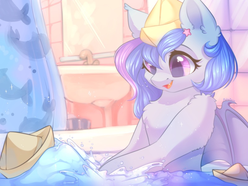 Size: 2732x2048 | Tagged: safe, artist:alphadesu, derpibooru import, oc, unofficial characters only, bat pony, pony, bath, female, image, jpeg, solo