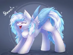 Size: 2732x2048 | Tagged: safe, artist:alphadesu, derpibooru import, oc, oc:contrail skies, unofficial characters only, pegasus, pony, abstract background, chest fluff, female, fluffy, image, jpeg, pegasus oc, solo, stretching, wings, yawn