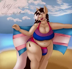 Size: 6272x6000 | Tagged: safe, artist:acrylicbristle, derpibooru import, oc, oc:acrylic bristle, unofficial characters only, anthro, plantigrade anthro, pony, unicorn, anthro oc, beach, belly, belly button, big breasts, bikini, bikini bottom, bikini top, bisexual, bisexual pride flag, breasts, busty oc, chubby, cleavage, clothes, crotch bulge, curvy, dickgirl, eye clipping through hair, fat, female, fupa, futa, huge breasts, image, impossibly large breasts, intersex, lip bite, lipstick, long hair, mare, ocean, open mouth, png, pride, pride flag, sand, signature, smiling, soft, swimsuit, thick, thighs, thunder thighs, trans female, transgender, transgender pride flag, water, wide hips