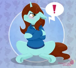 Size: 5556x4949 | Tagged: safe, artist:raspberrystudios, derpibooru import, oc, unofficial characters only, pony, unicorn, blushing, clothes, commission, crossed arms, embarrassed, female, frown, gradient, grumpy, hoodie, hooves, horn, image, jewelry, mare, necklace, png, scrunchy face, speech bubble, unicorn oc