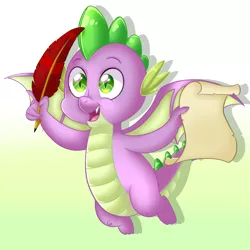 Size: 2000x2000 | Tagged: safe, artist:sweet-shroom, derpibooru import, spike, dragon, flying, gradient background, image, male, parchment, png, quill, solo