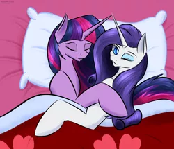 Size: 2000x1720 | Tagged: safe, artist:renarde-louve, derpibooru import, rarity, twilight sparkle, alicorn, pony, unicorn, atg 2021, bed, eyes closed, female, image, lesbian, newbie artist training grounds, one eye closed, png, rarilight, shipping, sleeping, wink