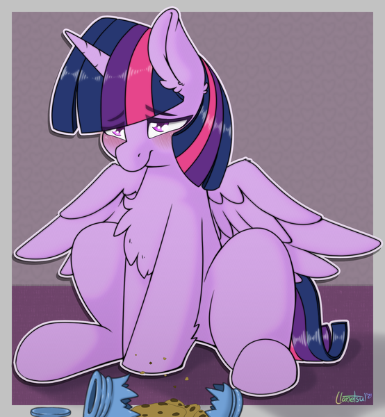 Size: 1624x1758 | Tagged: safe, artist:llametsul, derpibooru import, cookie crumbles, twilight sparkle, twilight sparkle (alicorn), alicorn, pony, atg 2021, blushing, chest fluff, cookie, cookie jar, cute, daaaaaaaaaaaw, ear fluff, female, food, horn, image, mare, newbie artist training grounds, oops, png, signature, solo, sticker, twiabetes, wings
