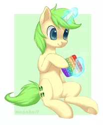 Size: 2657x3209 | Tagged: safe, artist:megabait, derpibooru import, oc, oc:markov, unofficial characters only, pony, unicorn, 4chan, green hair, image, magic, png, pop it, sitting, text