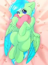 Size: 2048x2732 | Tagged: safe, artist:alphadesu, derpibooru import, oc, unofficial characters only, pegasus, pony, bed, blushing, heart, heart pillow, image, lying down, on back, pillow, png, solo