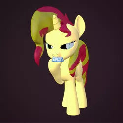 Size: 4000x4000 | Tagged: safe, artist:wissle, derpibooru import, sunset shimmer, pony, unicorn, 3d, absurd resolution, atg 2021, blender, cake, eating, female, food, image, jpeg, mare, newbie artist training grounds, raised leg, simple background, solo