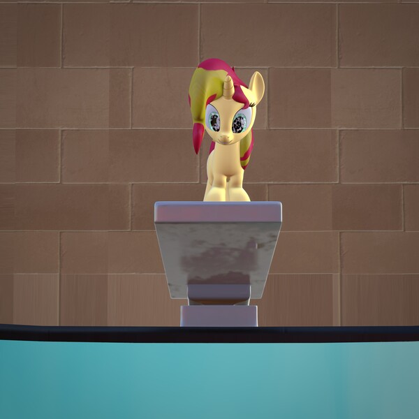 Size: 4000x4000 | Tagged: safe, artist:wissle, derpibooru import, sunset shimmer, pony, unicorn, 3d, absurd resolution, atg 2021, blender, diving board, female, image, jpeg, mare, newbie artist training grounds, simple background, solo, swimming pool